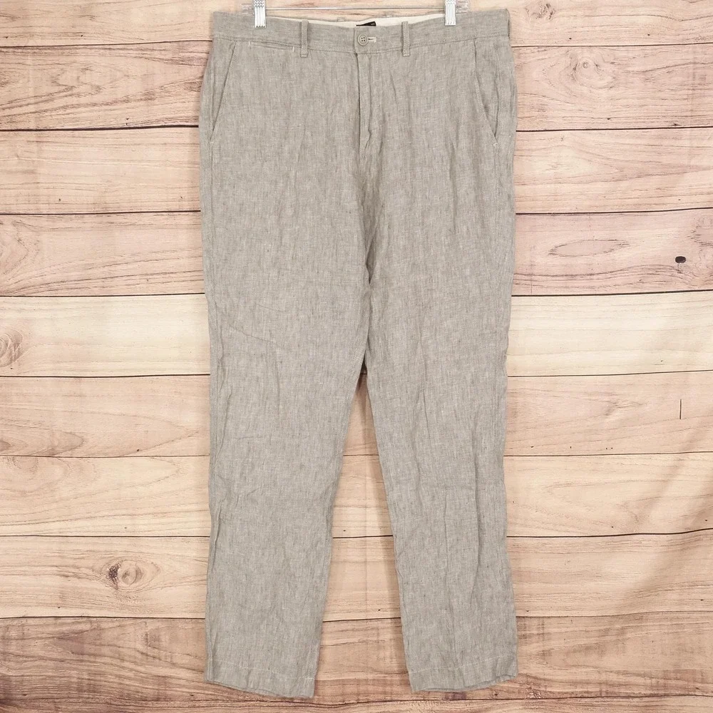 J Crew 770 Straight Linen Pants Mens 34x32 Beige Regular Fit Pleated Chino